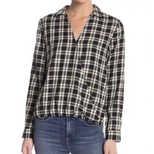 Madewell Wrap Front Arion Drapey Black‎ Cream White Soft Cotton Plaid Shirt L